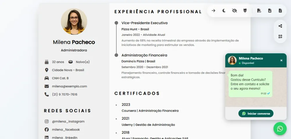 Demonstração do Currículo Profissional Online CurrículoClick com Link Exclusivo