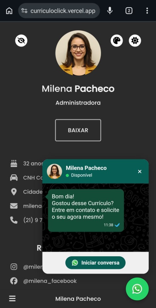 CurrículoClick Tema WhatsApp Direto